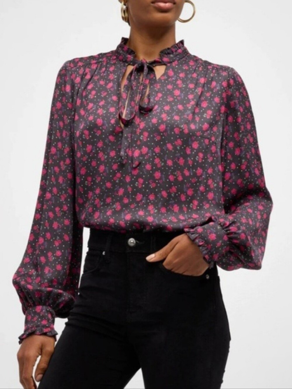 Veronica Beard Louama Black Multi Rose Floral Print Tie-Neck Blouse